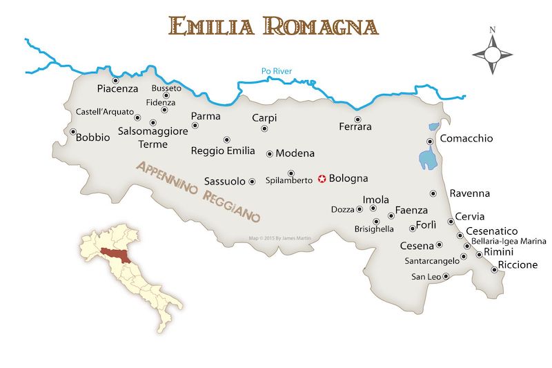 Mapa da região de Emilia Romagna na Itália