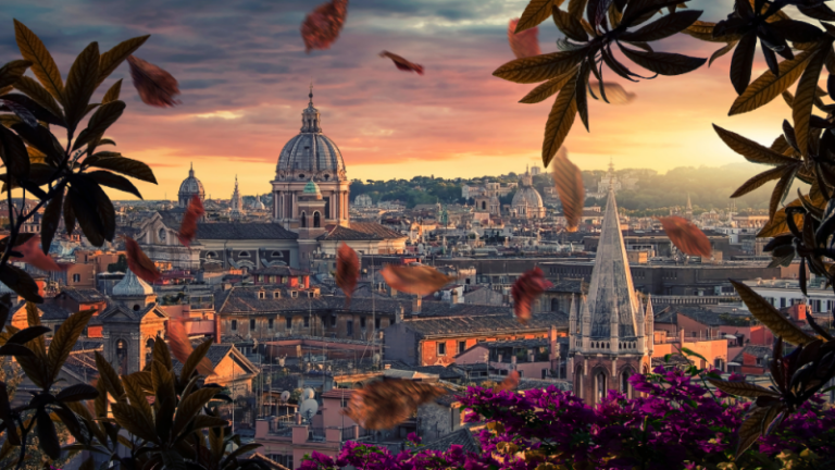 Paisagem do entardecer em Roma na primavera